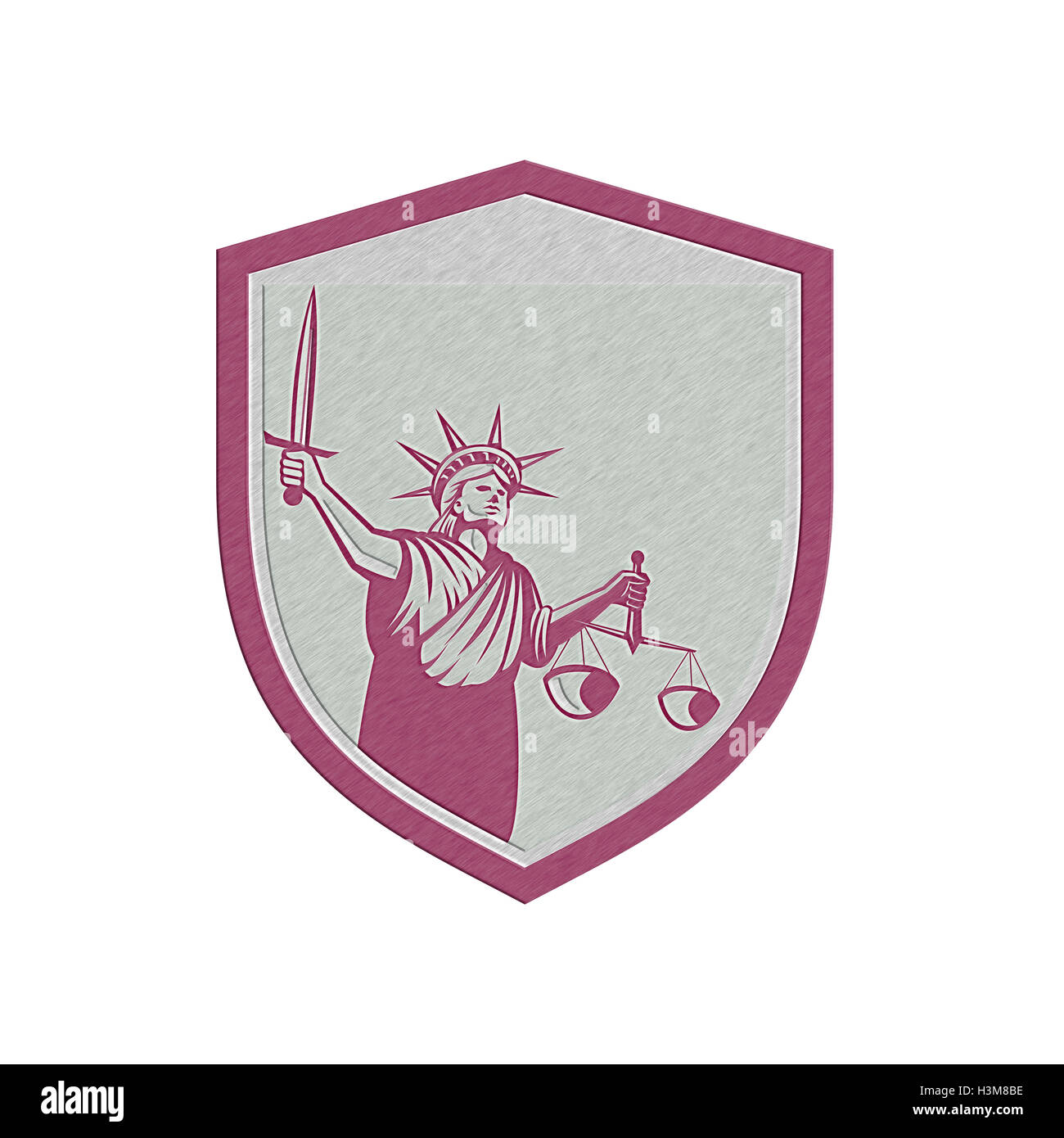 Metallische Statue of Liberty, Schwert Waage Gerechtigkeit Schild Stockfoto