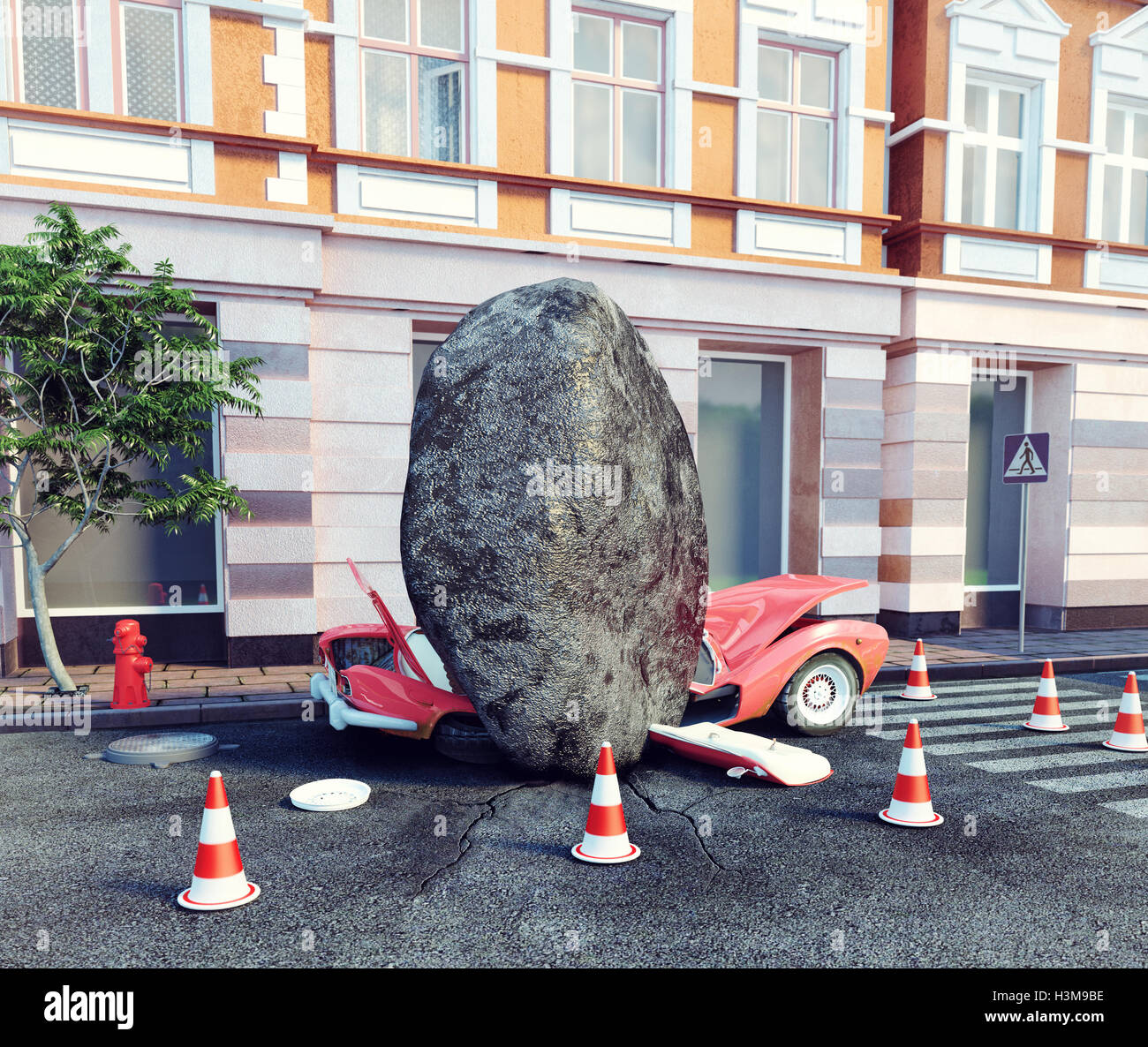 Meteoriten zerstören geparktes Auto Stockfoto