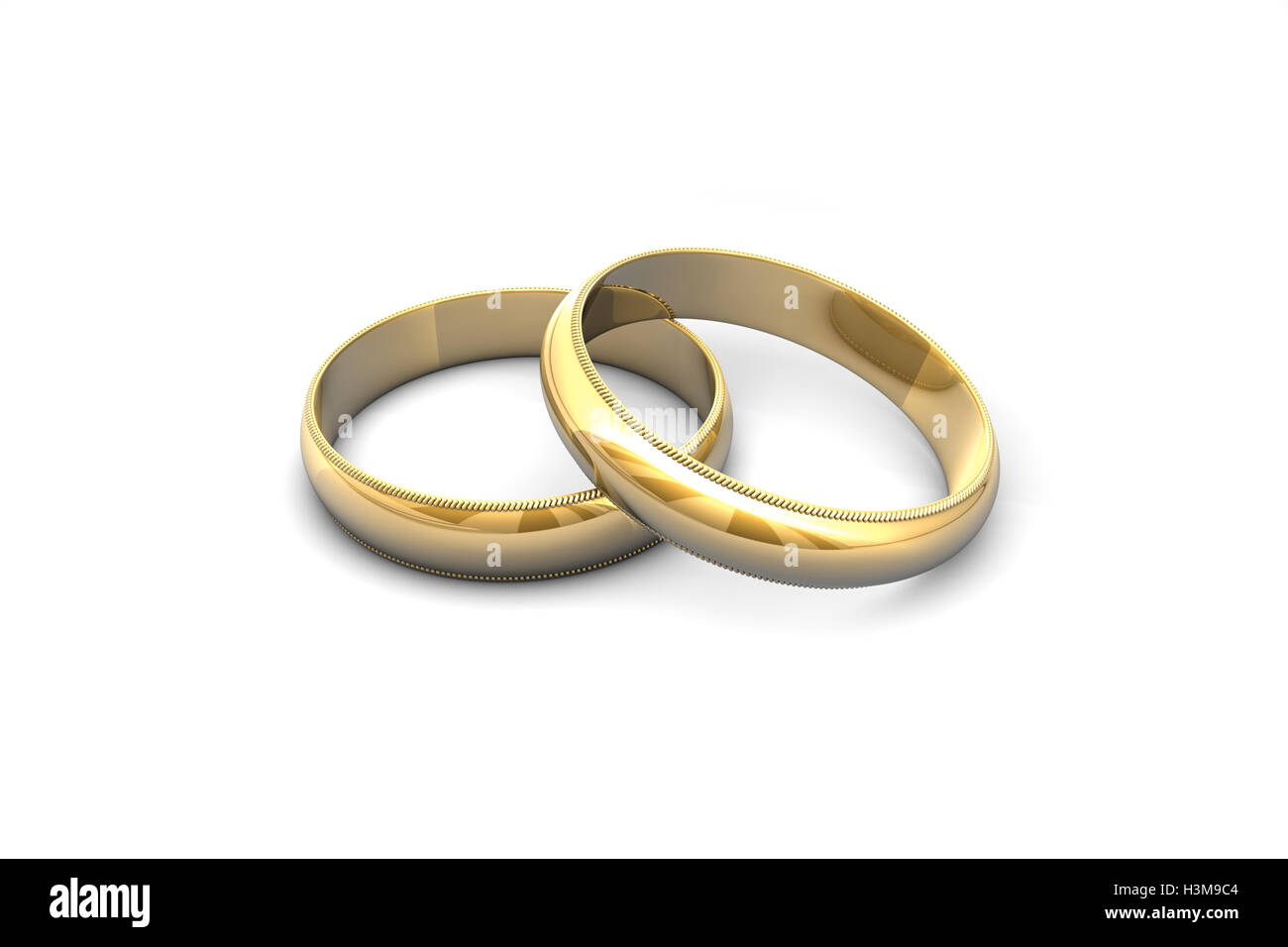 Gold Trauringe isoliert auf weißem Hintergrund.   Verfügbar in hoher Auflösung und verschiedenen Größen. 3D-Illustration rendern. Stockfoto