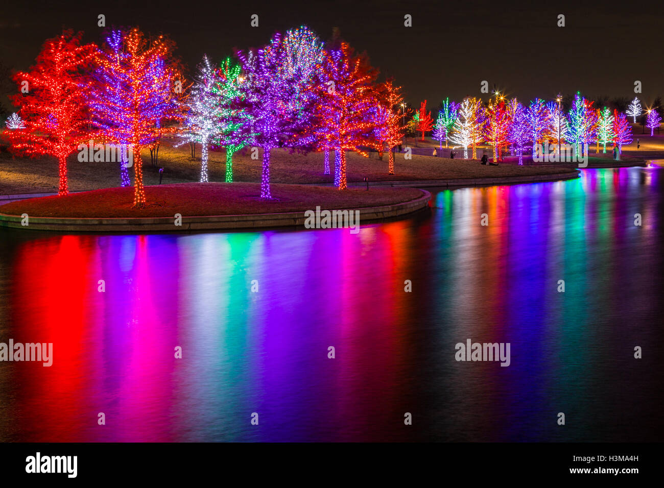 Hunderte von Bäumen sind bedeckt mit bunten Weihnachtsbeleuchtung und auf der Oberfläche dieser Teich reflektiert. Stockfoto