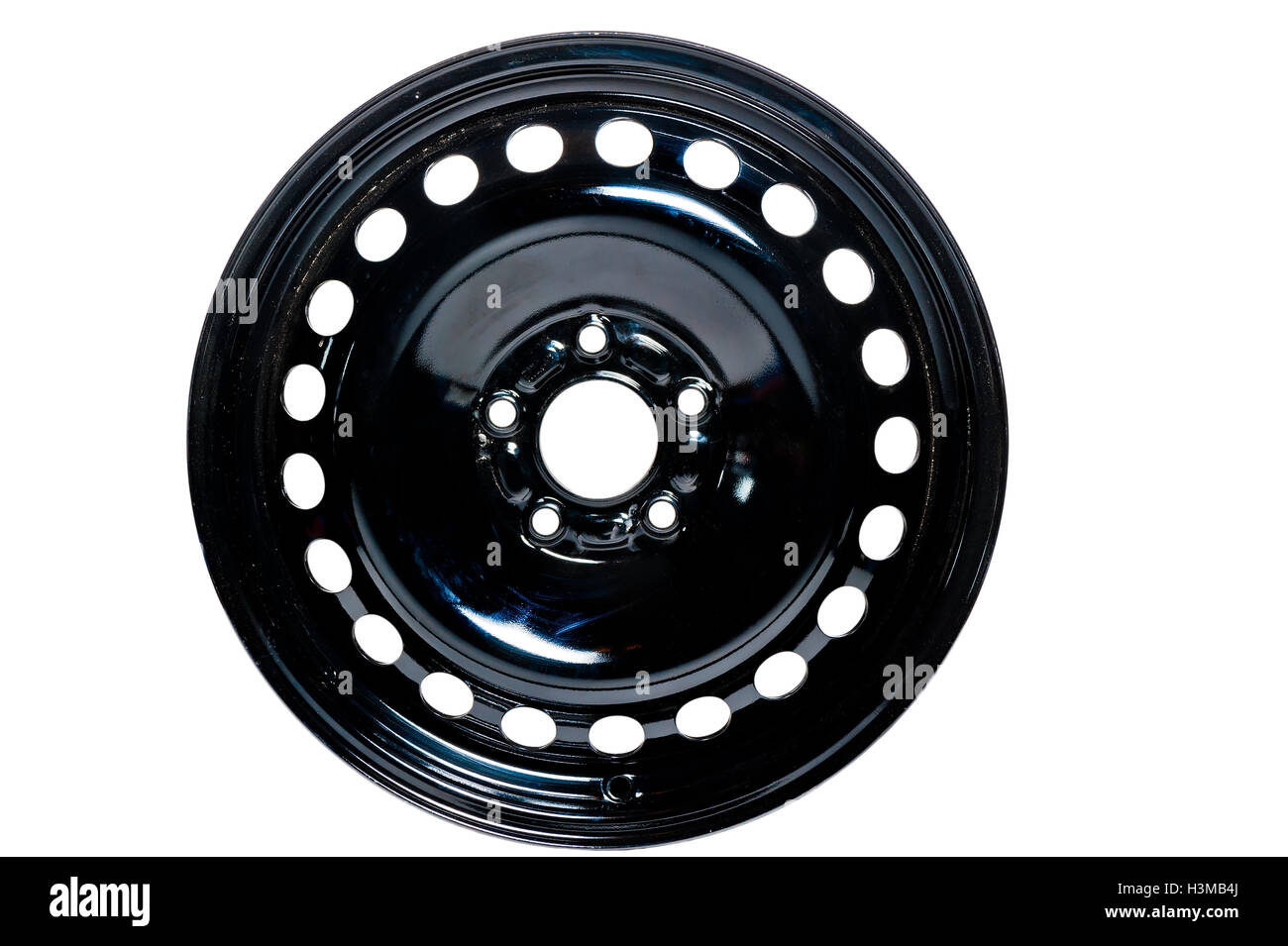 Stahlrad Auto in schwarz auf weißem Hintergrund Stockfoto