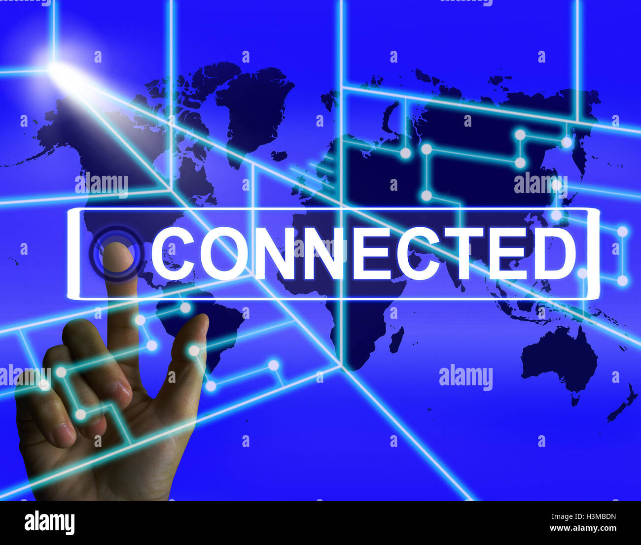 Angeschlossenen Bildschirm zeigt Networking verbinden und Internation Stockfoto