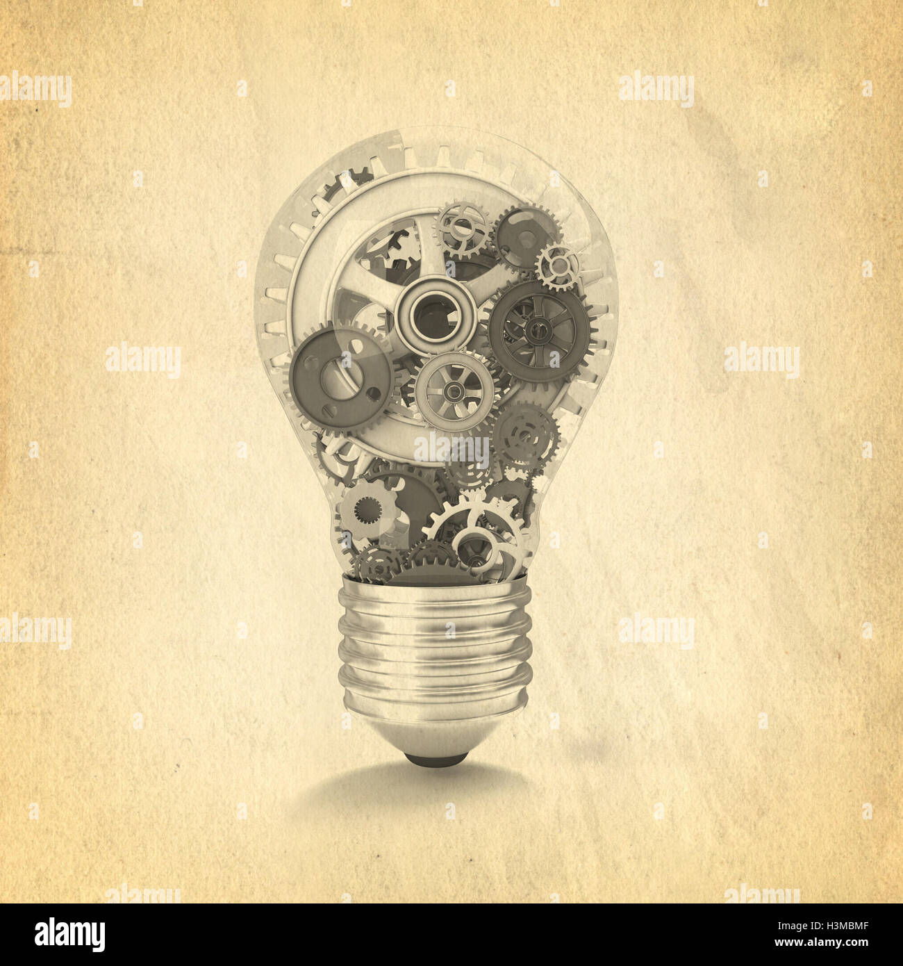 3D-Rendering Glühbirne mit Getriebeteil Stockfoto