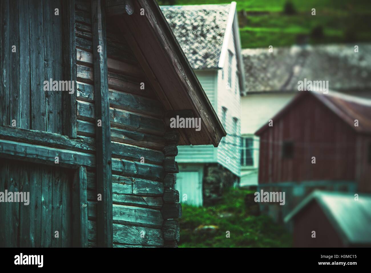 Norwegische Holzbaukunst Closeup Foto. Norwegen, Europa. Stockfoto