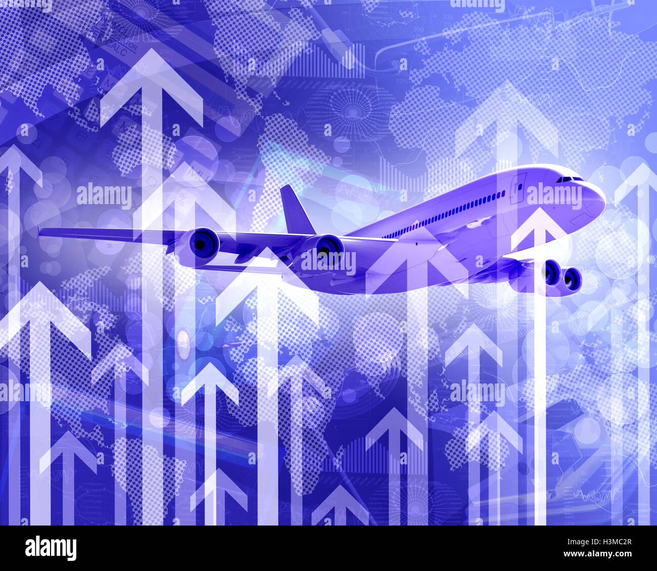 Flugzeug mit dem Hintergrund von Graphen und Pfeile Stockfoto