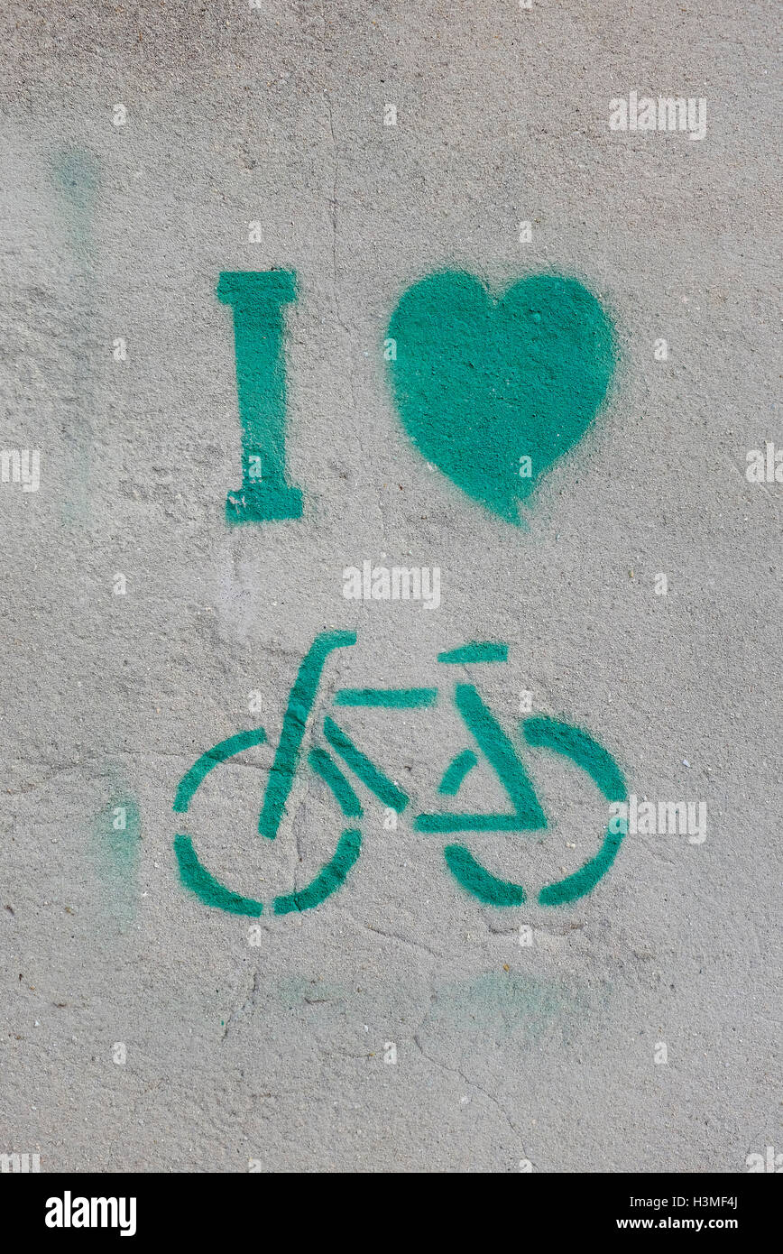 Ich liebe Radfahren Zeichnung auf graue Wand, Sardinien, Italien Stockfoto