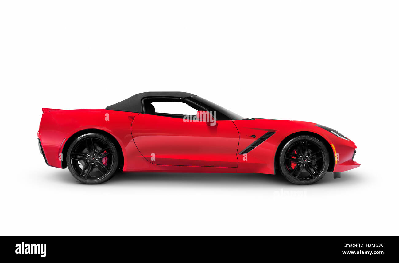 Führerschein und Drucke auf MaximImages.com - Rot 2016 Chevrolet Corvette Stingray Z51 Cabriolet Luxus Sportwagen Seitenansicht isoliert auf weißem Hintergrund Stockfoto