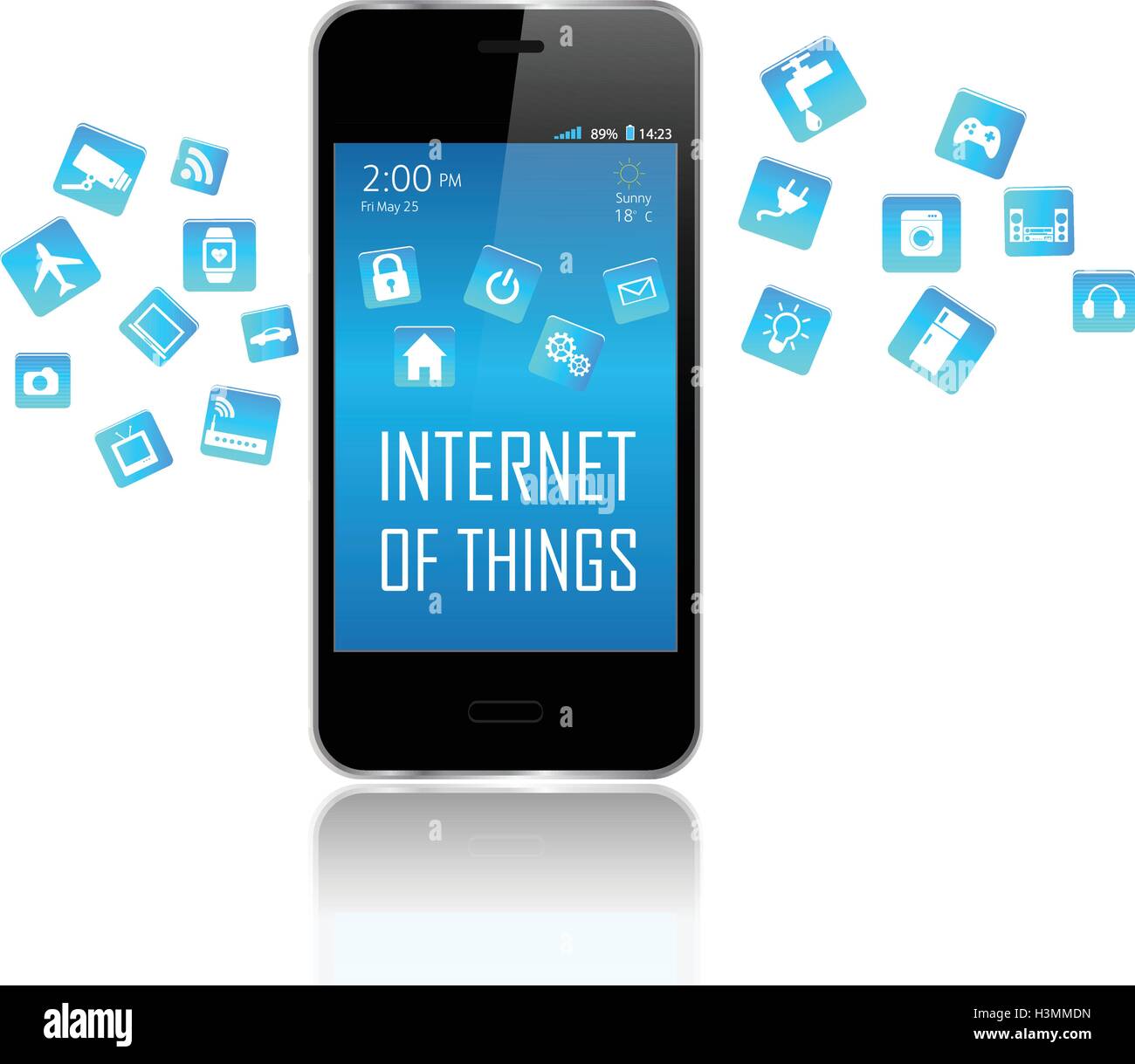 Smartphone mit Internet der Dinge (IoT) Objekte Symbol miteinander verbinden. Internet-Networking-Konzept. Stock Vektor