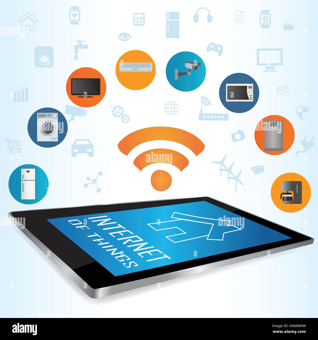 Moderne digitale Tablet-PC mit Smart House Apps. Internet der Dinge-Konzept-Illustration. Steuern Ihre Haushaltsgeräte Stock Vektor