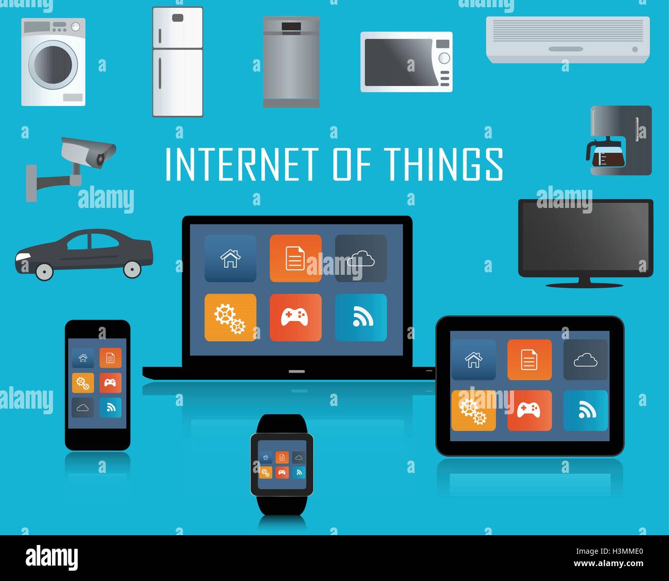 Smartphone, Tablet, Laptop, Smartwatch und Internet der Dinge-Konzept. Smart Home Technologie Internet-Networking-Konzept. Stock Vektor