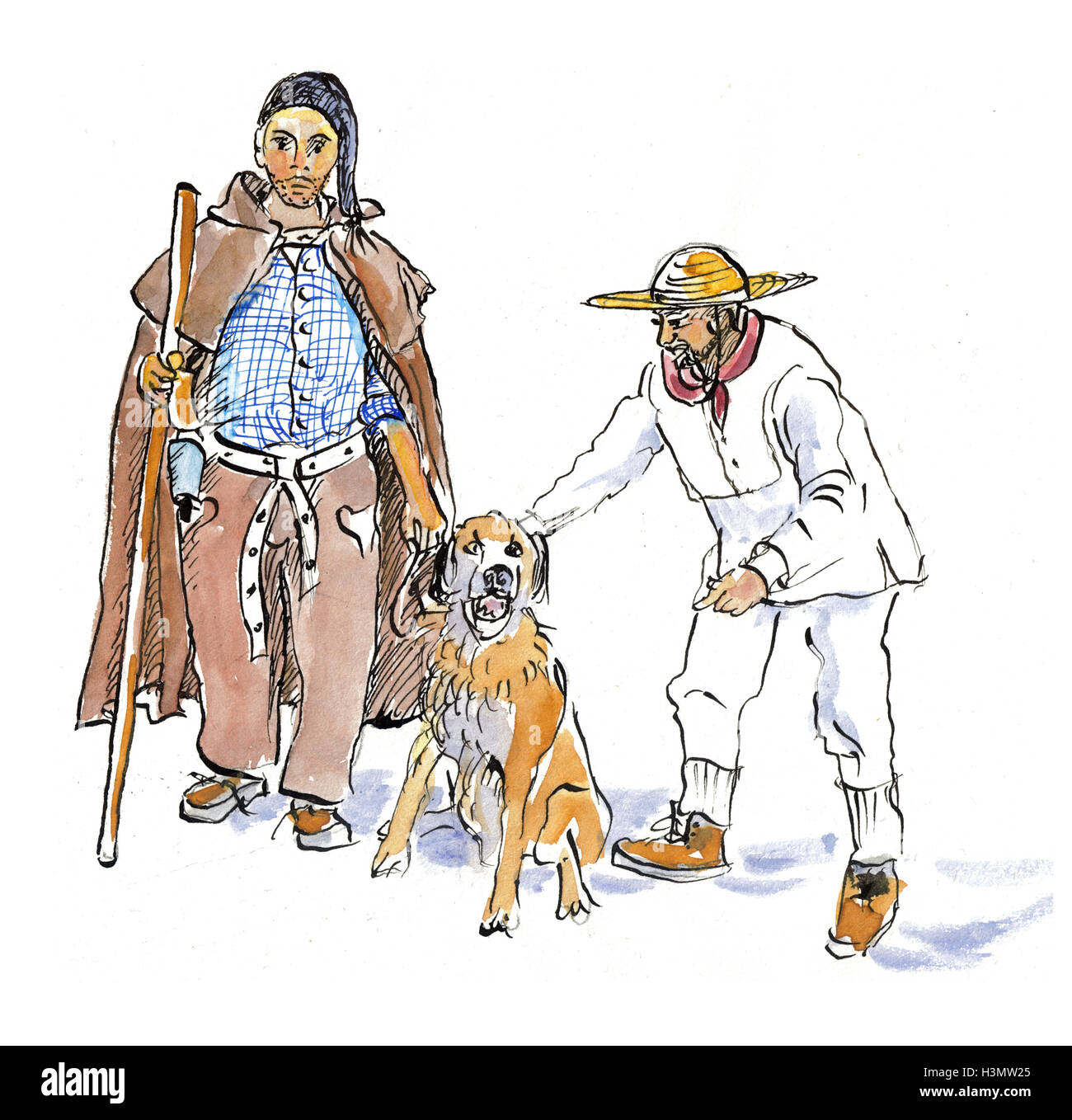 Aquarell Illustration von zwei Hirten und ein Schäferhund in der traditionellen portugiesischen Kleidung Stockfoto