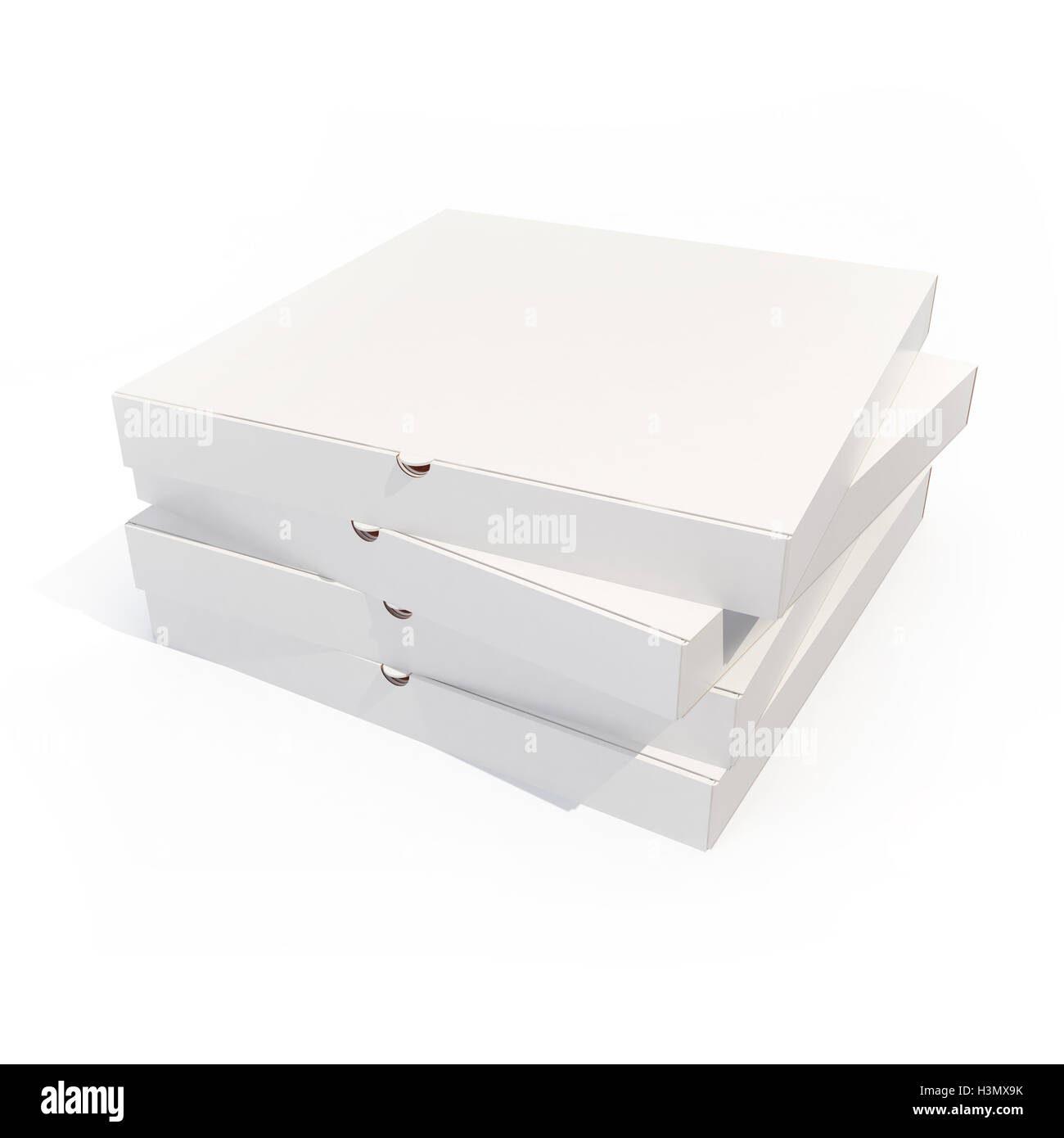 Pizza-Kartons stapeln isoliert auf weiss. 3D-Rendering Stockfoto