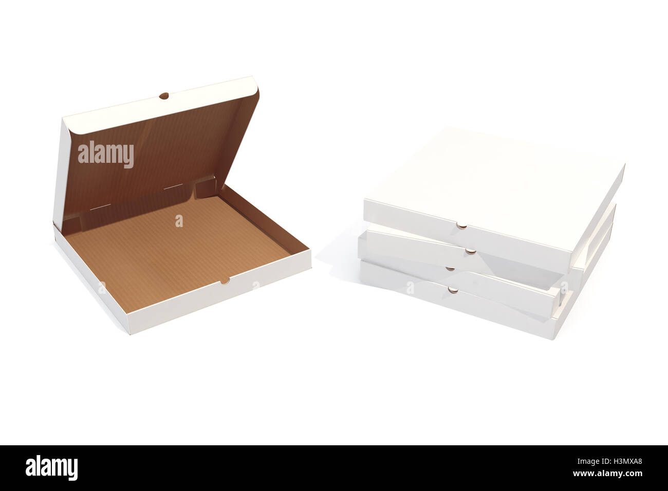 Pizza-Boxen isolierte auf weiß mit Schatten. 3D-Rendering Stockfoto