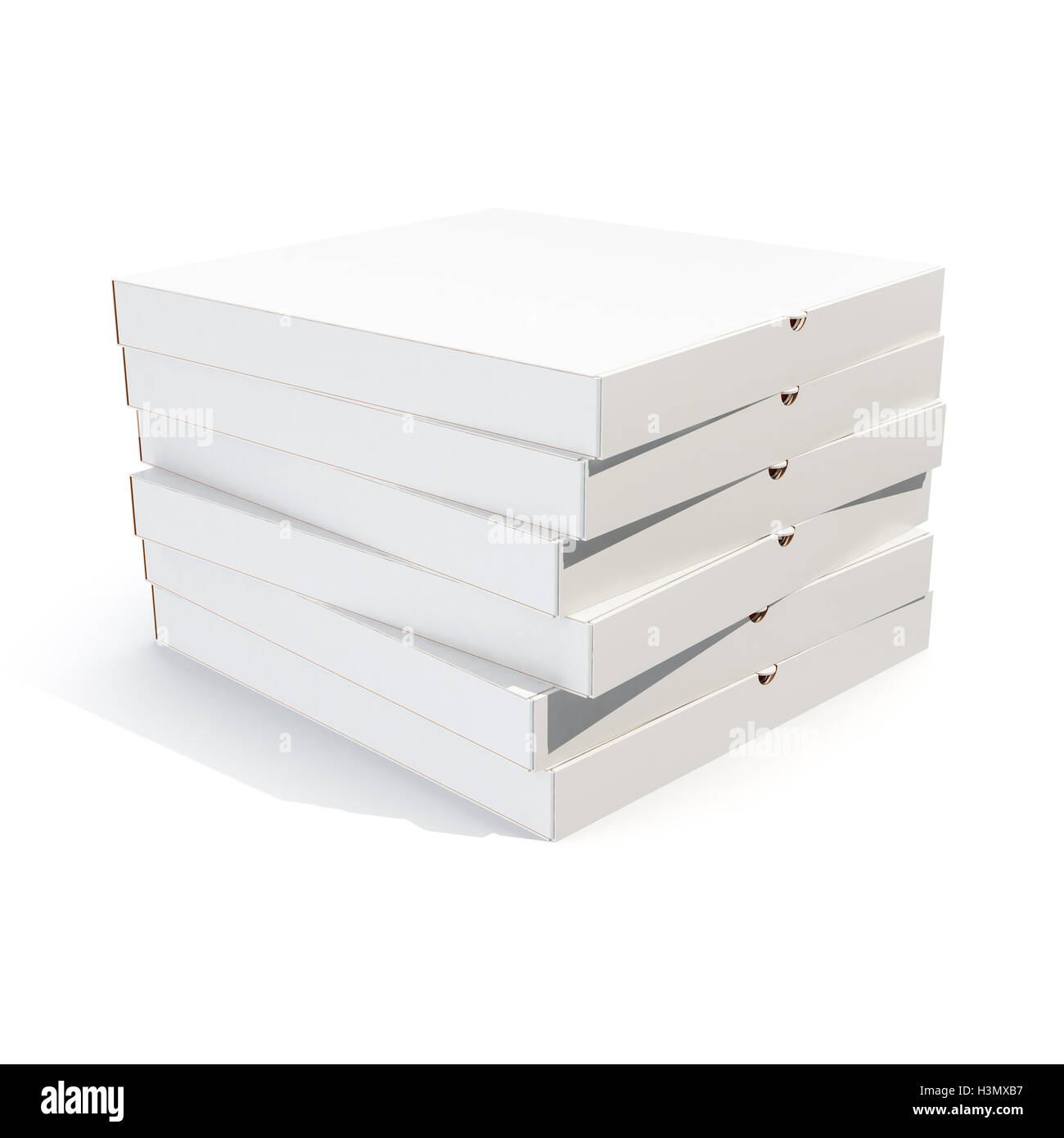 Pizza-Kartons stapeln isoliert auf weiss. 3D-Rendering Stockfoto
