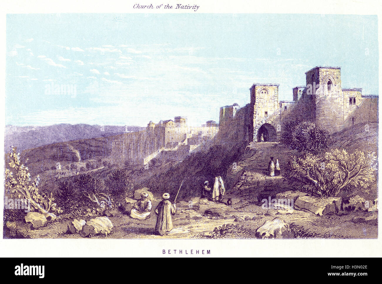Eine farbige Illustration der Geburtskirche, Bethlehem, die in hoher Auflösung aus einem 1868 gedruckten Buch gescannt wurde. Urheberrechtlich geschützt. Stockfoto
