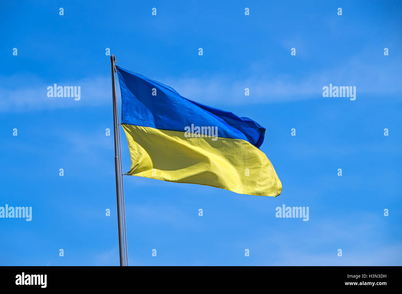 Ukrainische Flagge auf einem Fahnenmast im motorisierten Infanterie Militäreinheit Stockfoto