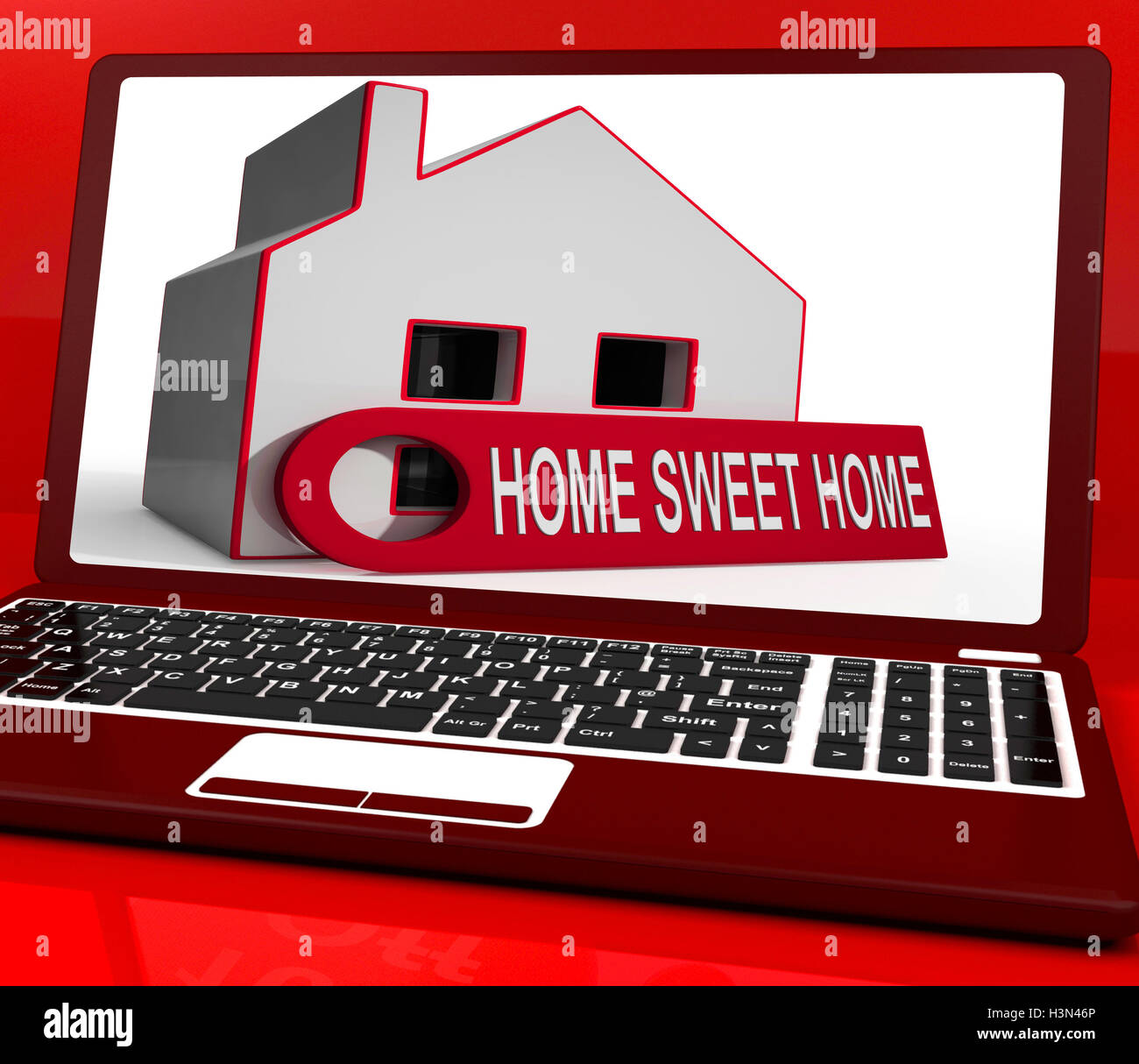 Home Sweet Home Haus Laptop zeigt Komfort und Familie Stockfoto