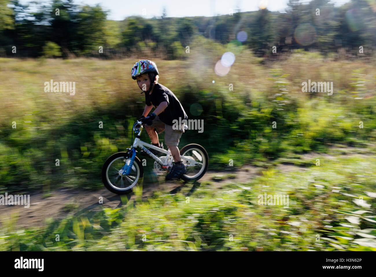 Ein Junge (4 Jahre) Junge mit seinem Fahrrad in den Wald auf einem Mountain bike Pumpe, Anschluss Stockfoto