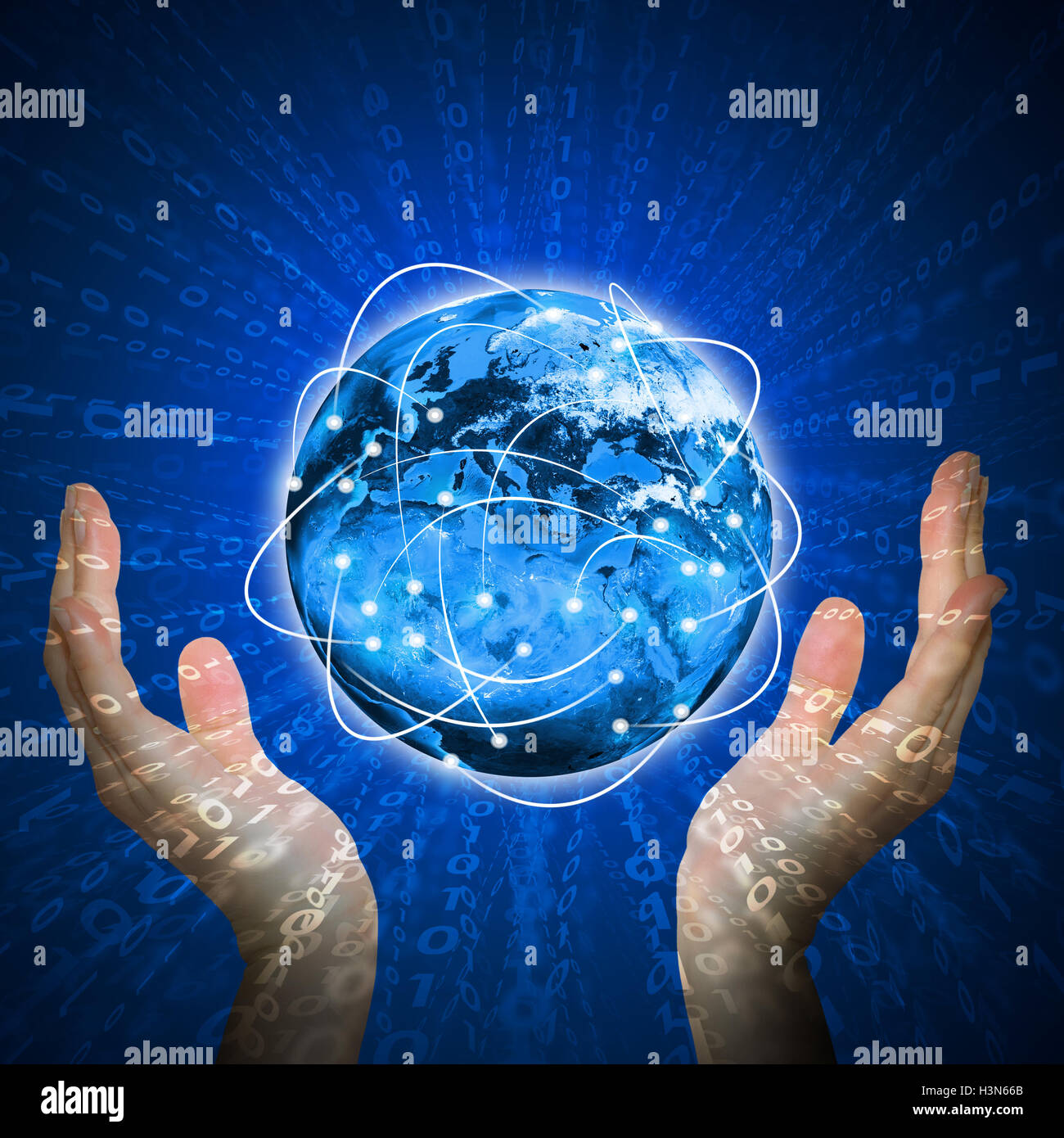 Hände halten glühenden Erde. Hi-Tech-Hintergrund Stockfoto