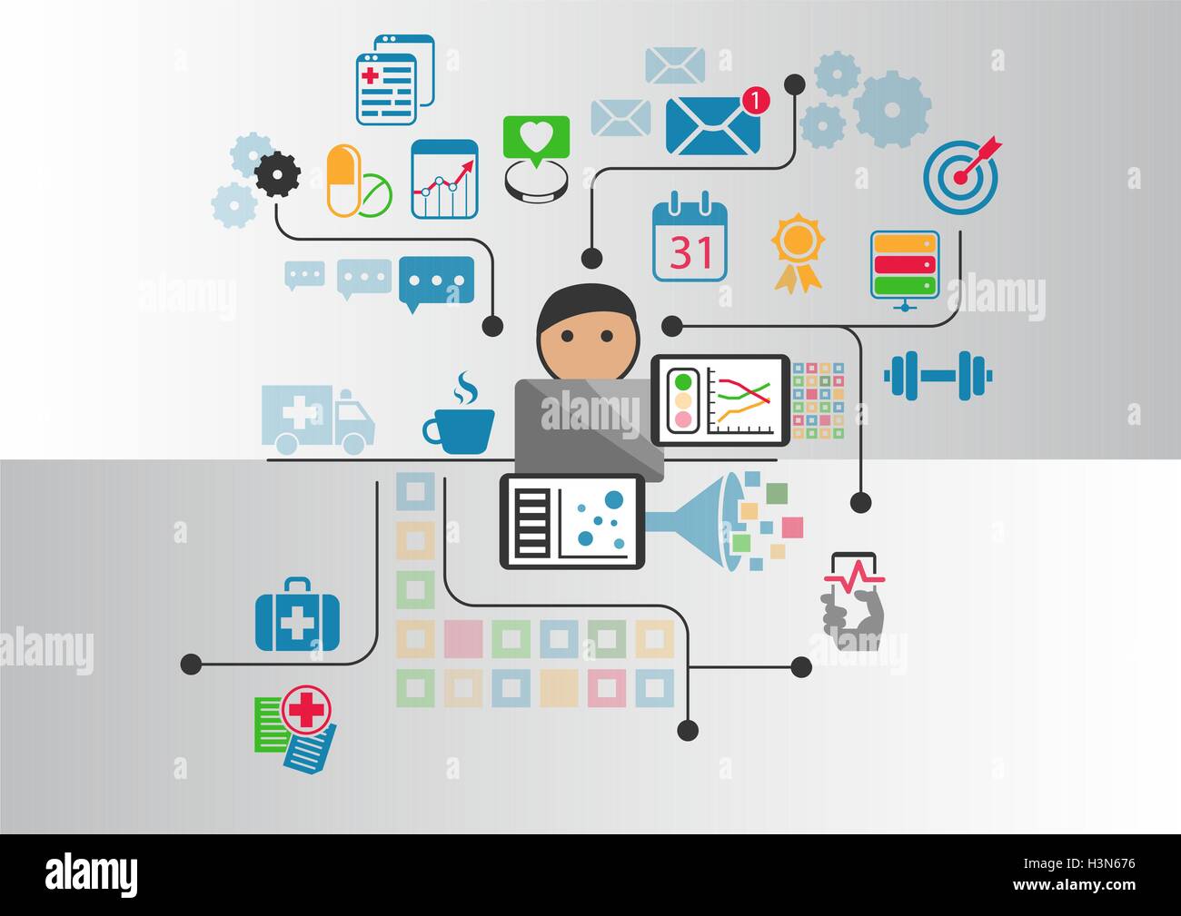 Digitale e-Health-Konzept als Vektor-Illustration. Cartoon Person verbunden mit Online-Arzt und Krankenhaus Stock Vektor