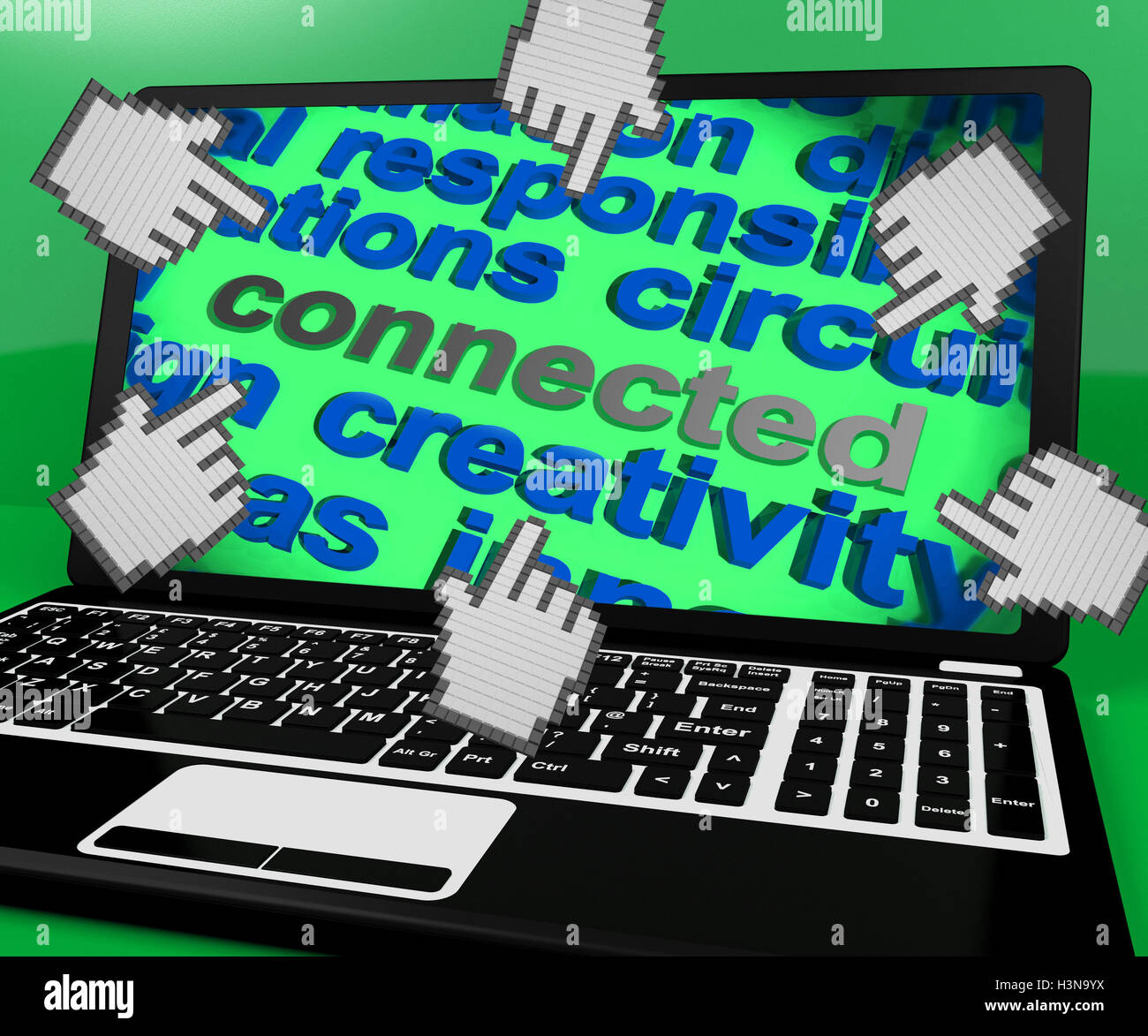 Angeschlossenen Laptop Wort zeigt Globalisierung Internet und Netzwerkarbeit Stockfoto