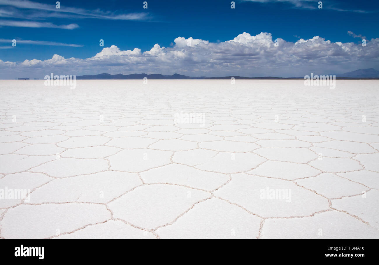 Panoramablick von Uyuni Salzebenen mit weißen Wolken, Bolivien Stockfoto