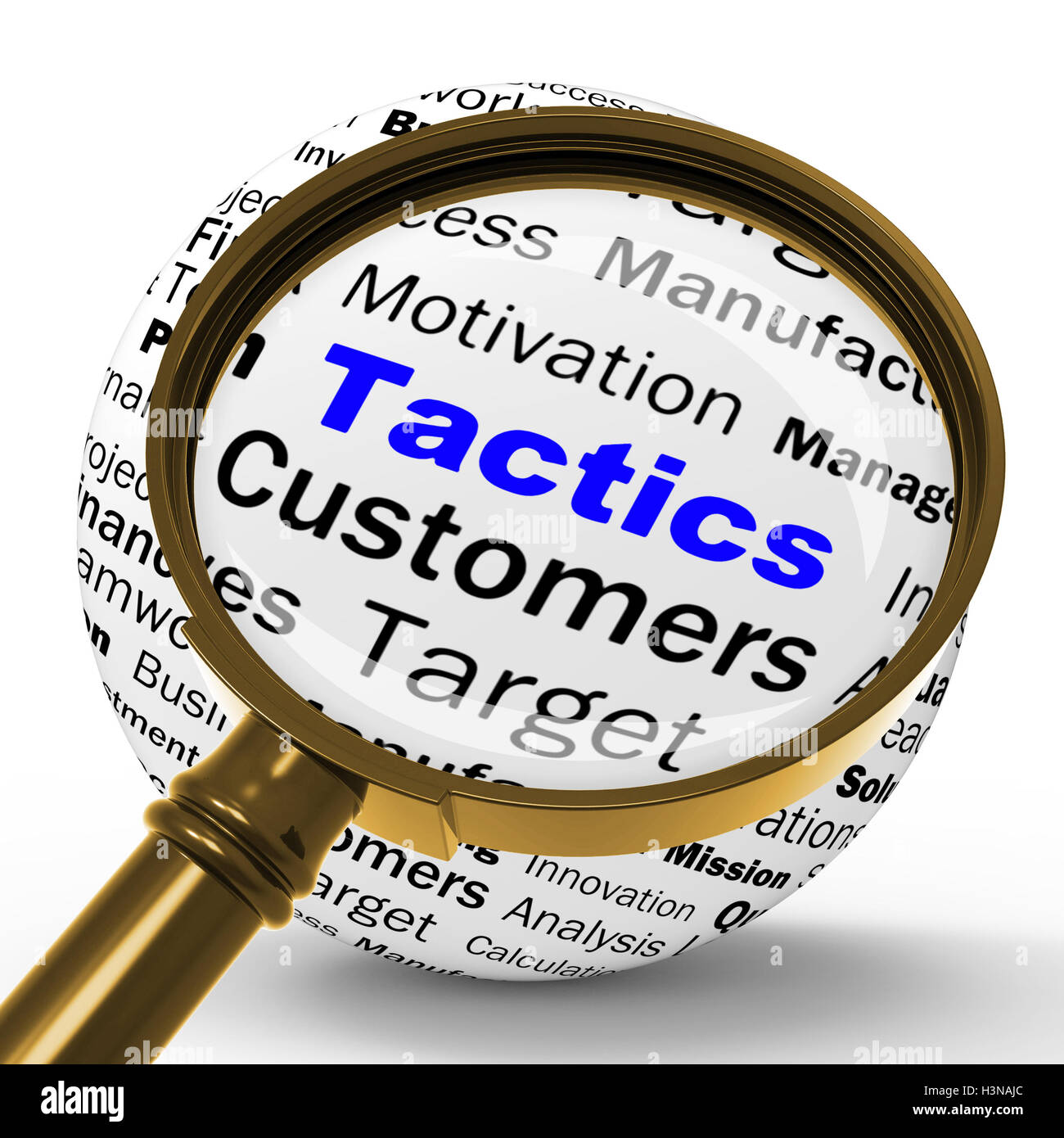 Taktik-Lupe-Definition zeigt Managementplan oder eine Strategie Stockfoto