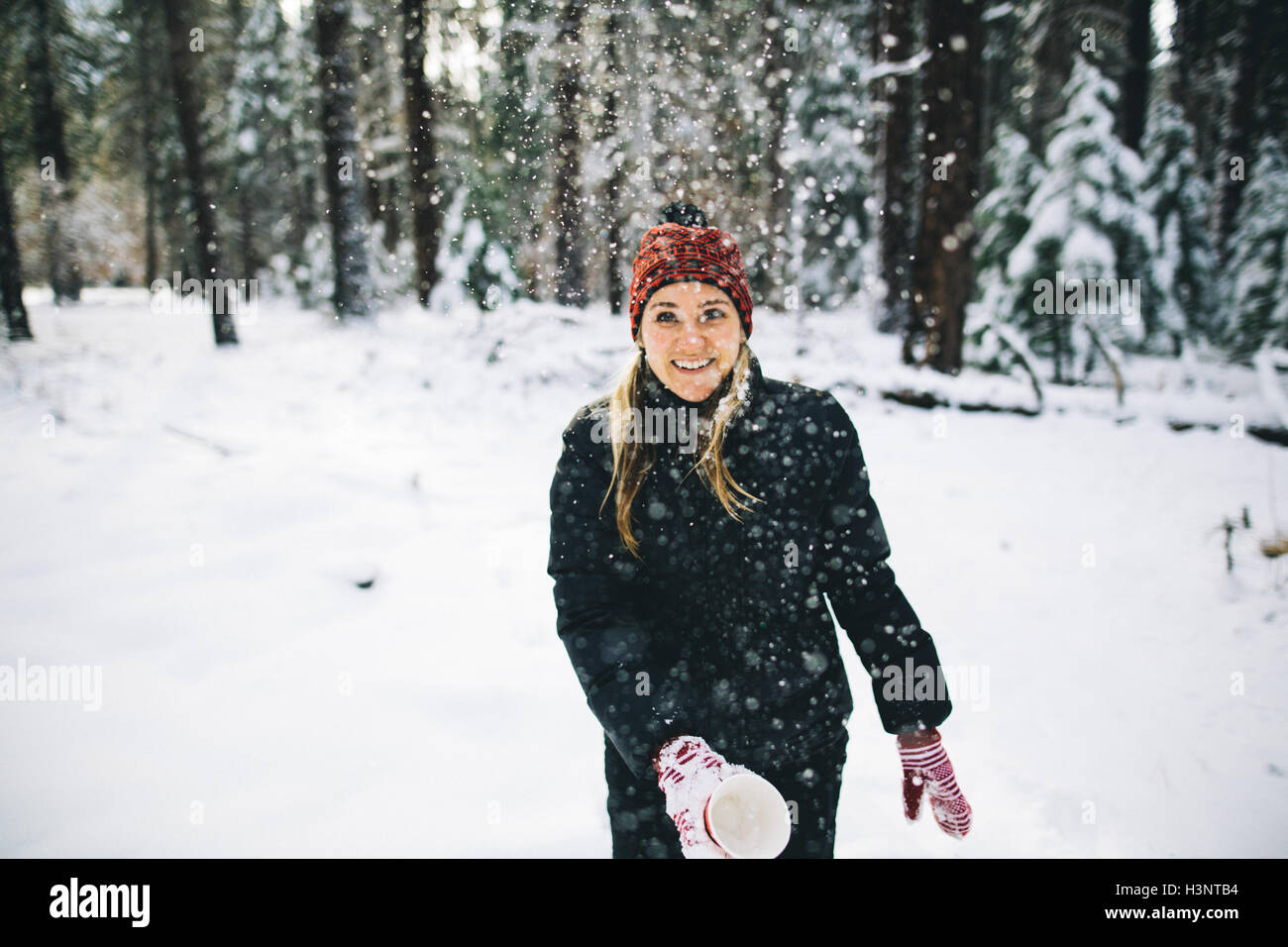 Frau im verschneiten Wald werfen Schnee vom cup Stockfoto