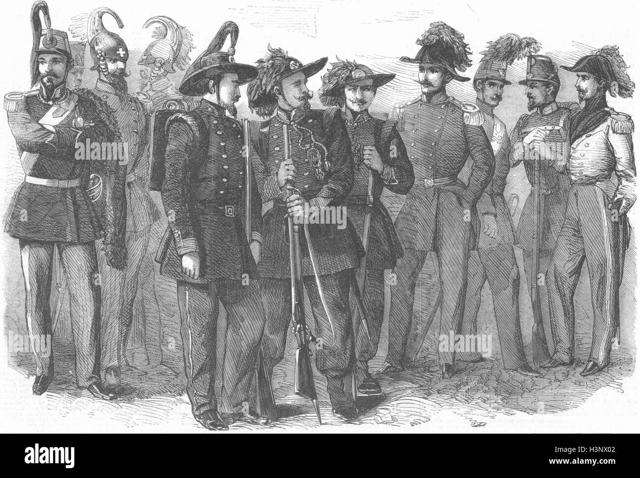 SARDISCHE Truppen Genueser; Bersaglieri; Verzurrgurte 1859. Illustrierte London News Stockfoto