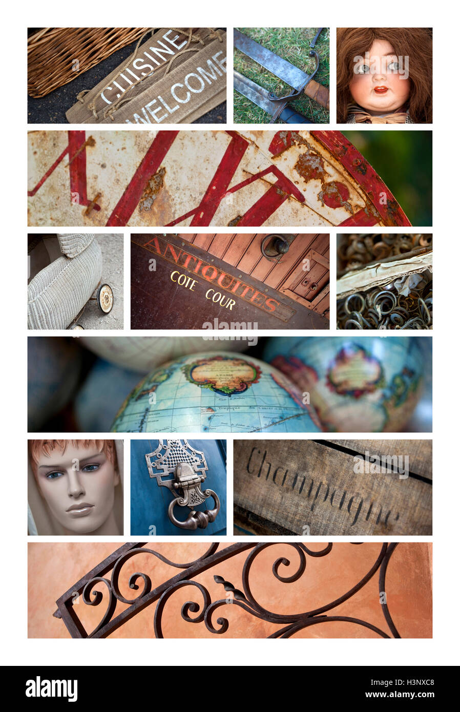 Collage aus verschiedenen Objekten auf Flohmärkten Stockfoto
