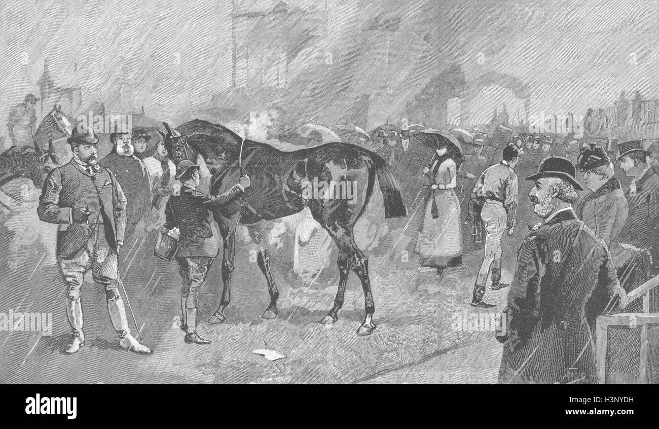 Vogelkäfig, regnerischen Tag Newmarket Rennen treffen - Wind 1891 racing RACING. Die Grafik Stockfoto