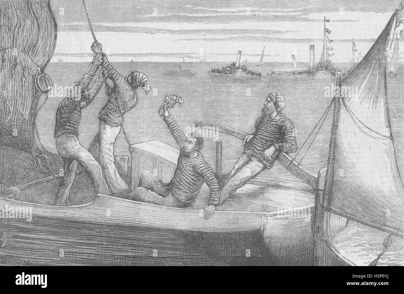 Schiffen Ausschuss Schiff-Themse Segeln Lastkahn entsprechen 1874. Die Grafik Stockfoto