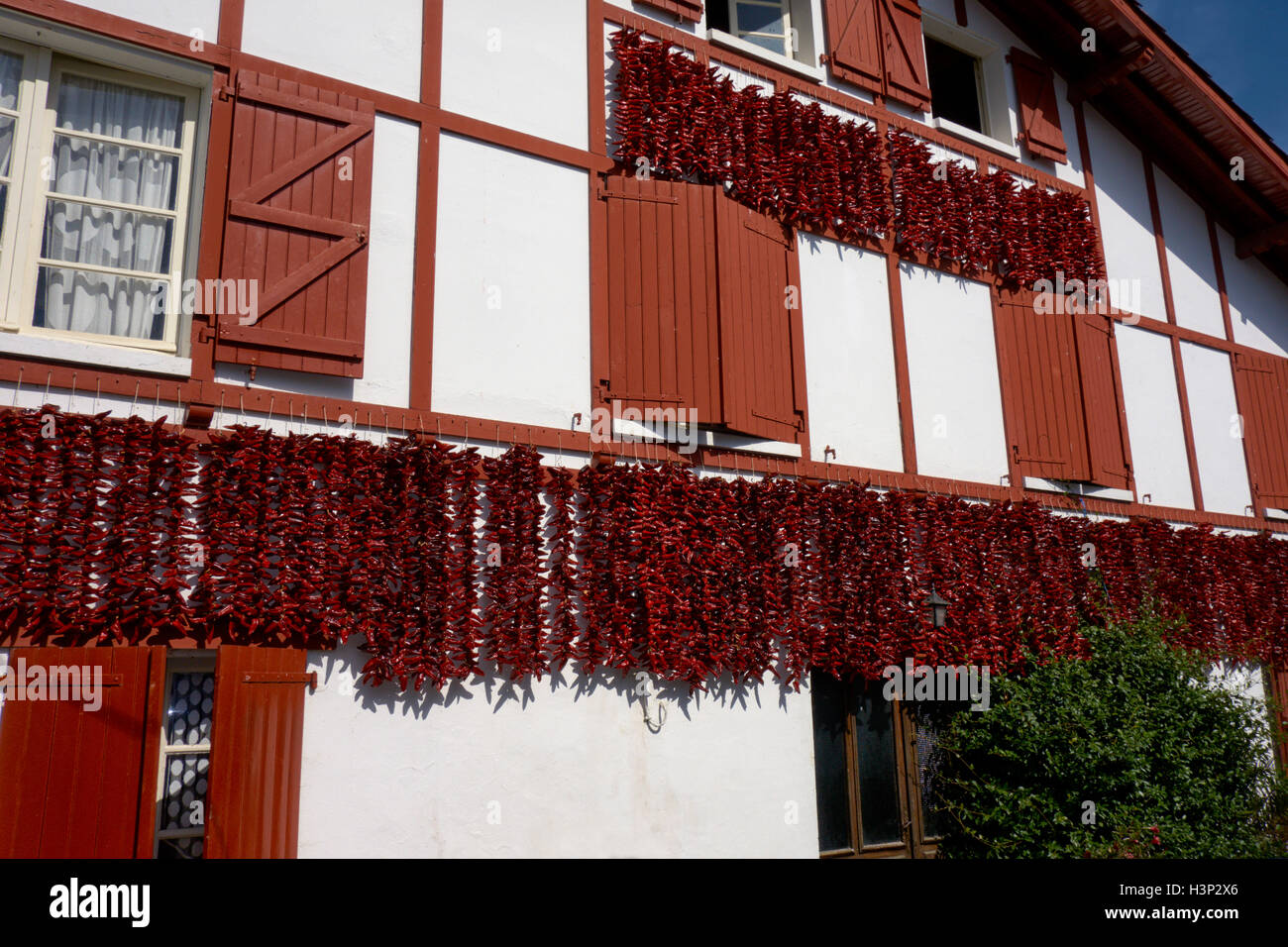 Trocknung auf Fassaden eines typischen Hauses in Espelette Paprika. Baskisches Land. Pyrenäen-Atlantiques.France. Stockfoto