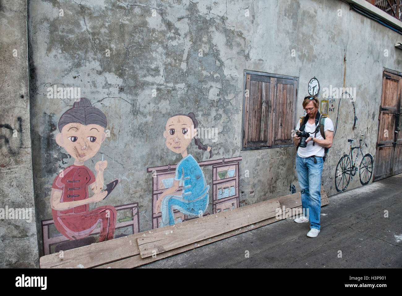 Fotograf und Street Art in Chinatown, Bangkok, Thailand Stockfoto