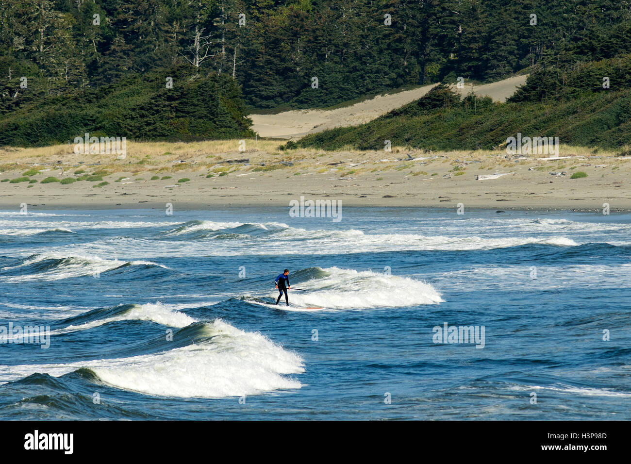 Paddleboard Surfer am Wickaninnish Beach - Tofino, Vancouver Island, British Columbia, Kanada Stockfoto