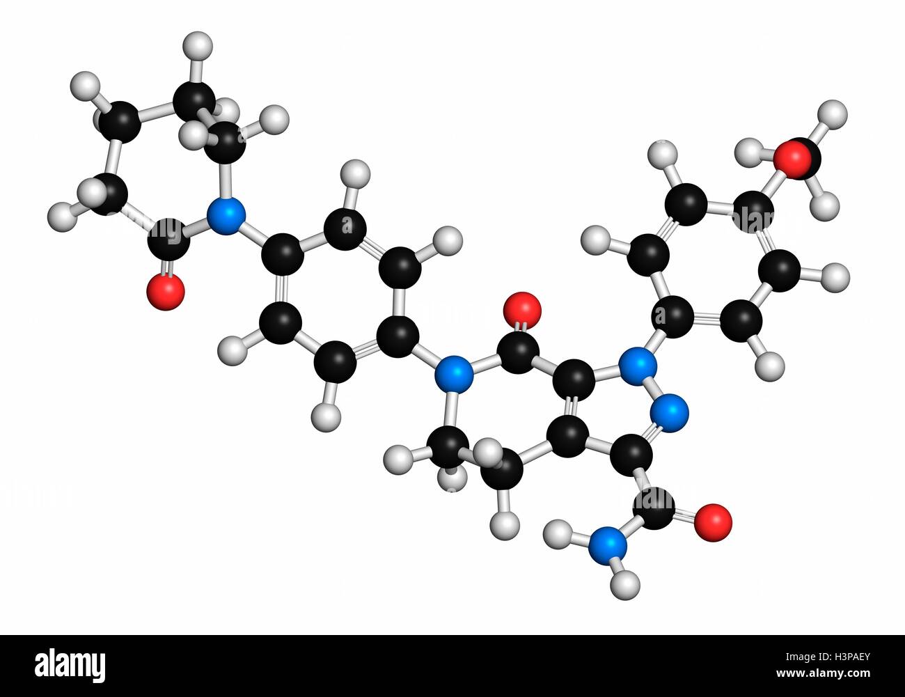 Apixaban gerinnungshemmenden Medikamentenmolekül (direkte FXa-Hemmer). Atome werden als Kugeln mit konventionellen Farbkodierung dargestellt: Wasserstoff (weiß), Kohlenstoff (schwarz), Sauerstoff (rot), Stickstoff (blau). Stockfoto