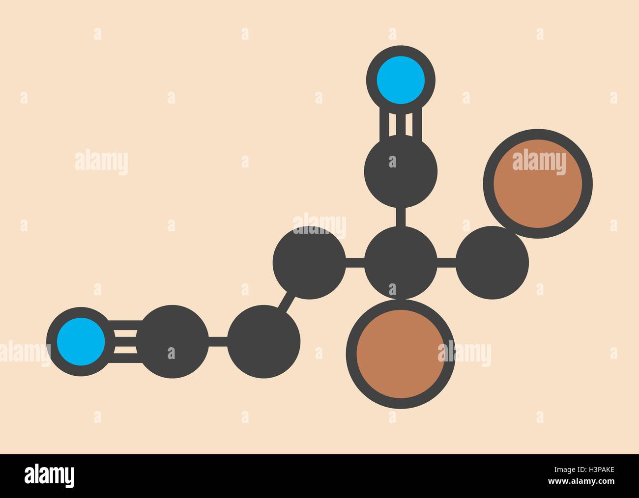 Methyldibromo Glutaronitrile Konservierungsmittel Molekül. Gemeinsame Allergen verursacht allergische Kontaktdermatitis. Stilisierte Skelettformel (chemische Struktur). Atome sind als farbcodierte Kreise dargestellt: Wasserstoff (versteckt), Kohlenstoff (grau), Stickstoff (blau), Brom (braun). Stockfoto
