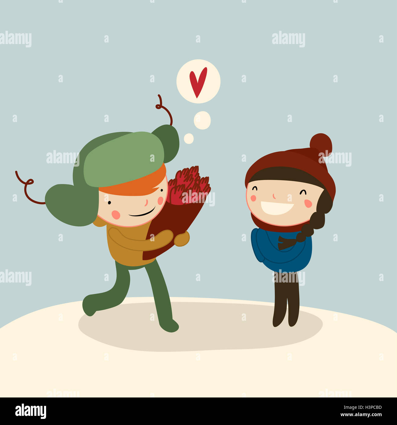 flache Valentinstag Cartoon paar am Tag im winter Stockfoto