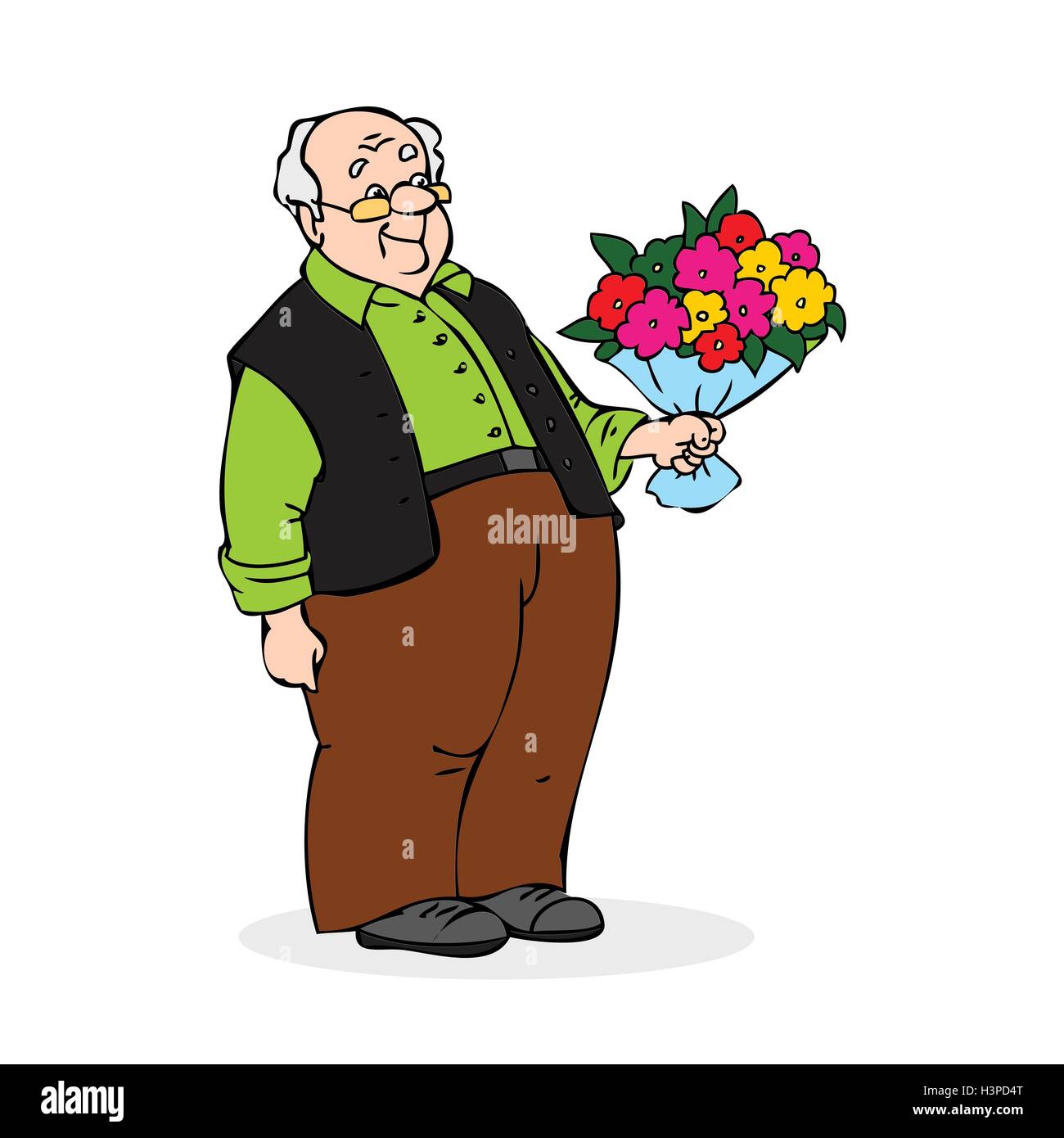 Alter Mann mit einem Blumenstrauß. Lächelnder älterer Mann mit Brille. Bunten Cartoon-Vektor-Illustration auf weißem Hintergrund Stock Vektor