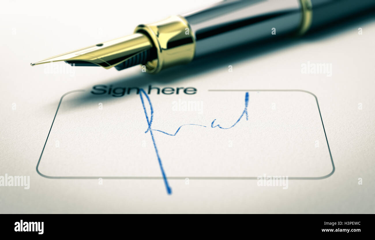 3D Abbildung einer Unterschrift auf einem Dokument mit goldenen Füllfederhalter. Konzept der Zustimmung oder Genehmigung. Horizontales Bild Stockfoto