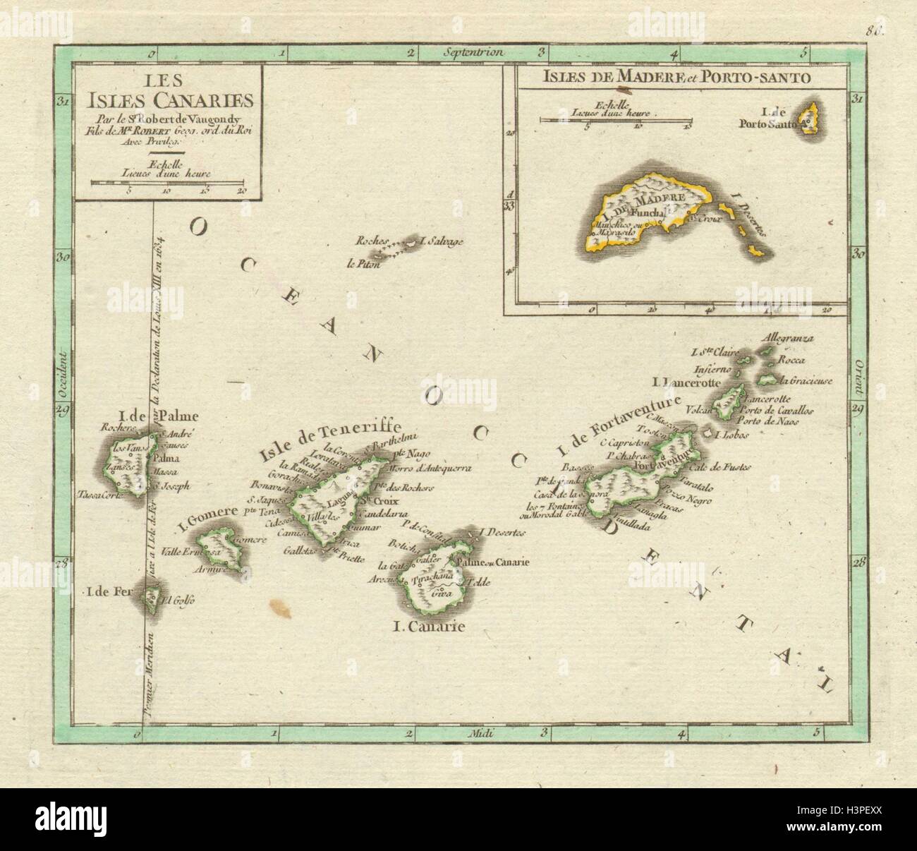 "Les Inseln Kanaren". ROBERT DE VAUGONDY. Kanarischen Inseln & Madeira 1749 Karte Stockfoto