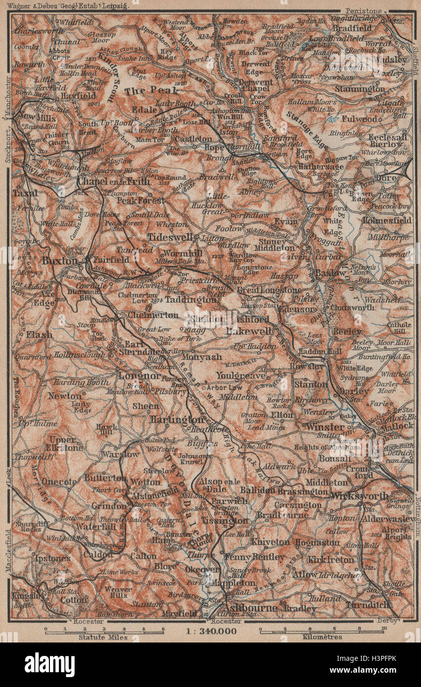 DERBYSHIRE PEAK DISTRICT. Buxton Ashbourne Bradfield Eyam Hathersage 1906 Karte Stockfoto