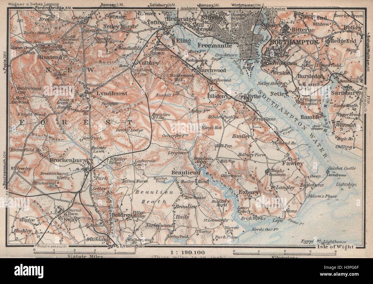 NEW FOREST & SOUTHAMPTON WASSER. Lyndhurst Beaulieu Hythe Brockenhurst 1927 Karte Stockfoto