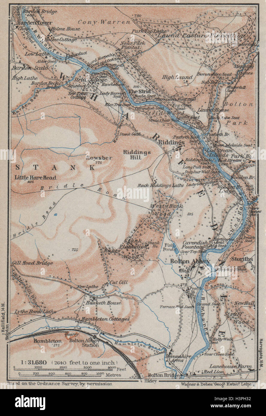 WHARFEDALE Topo-Karte. Bolton Abbey. Yorkshire Dales. BAEDEKER-1927 alt Stockfoto