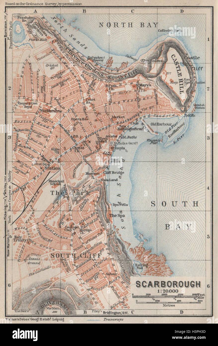 SCARBOROUGH antiken Stadt Stadtplan. South Cliff. Yorkshire. BAEDEKER-1927 Karte Stockfoto