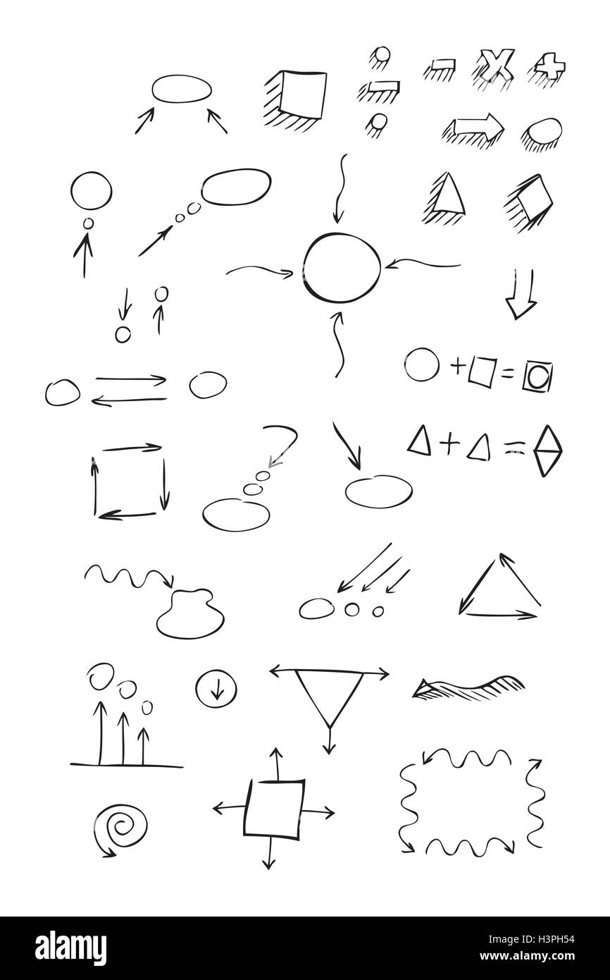 Dünn gezeichneten Pfeile hingegen sprechen Blase, geometrische Formen, mathematische Zeichen gemalt schwarzen Stift auf weißem Hintergrund. Doodle, Skizze Stock Vektor