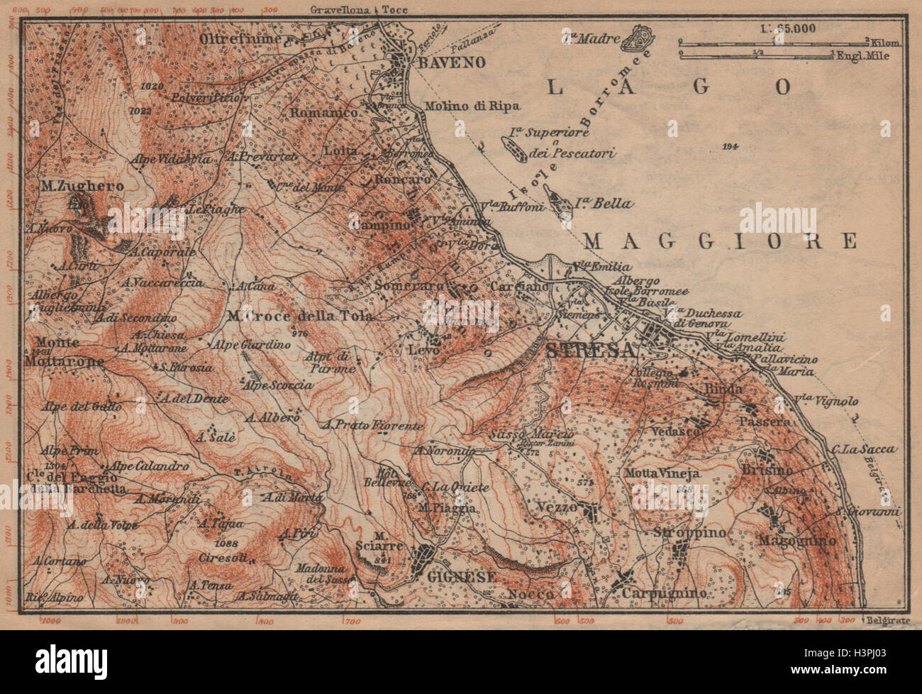UMGEBUNG VON STRESA. Baveno Gignese. Italien-Mappa. Alte antike BAEDEKER 1903 Stockfoto