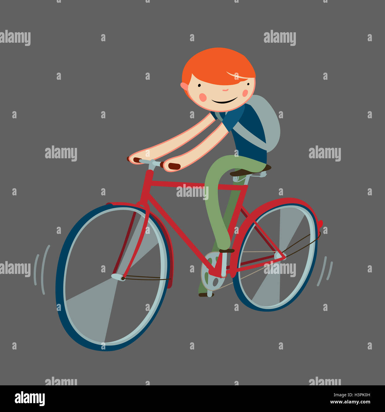 frau klemmt kind mit rucksack auf fahrrad ein cartoon