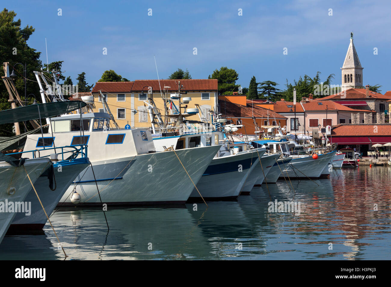 Angelboote/Fischerboote im Hafen in der kleine Hafen von Novigrad an der Westküste der Halbinsel Istrien in Kroatien in Osteuropa Stockfoto