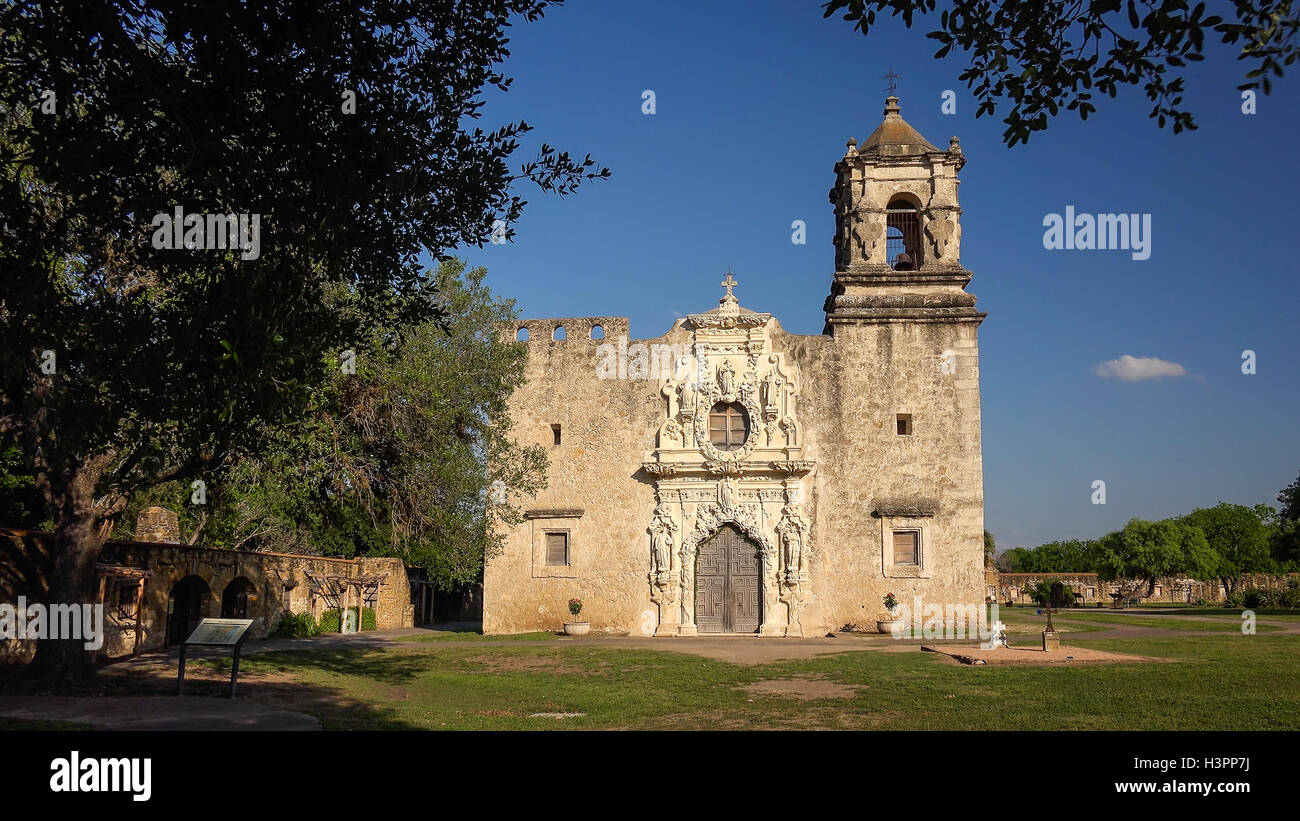 Eingang zur alten spanischen Mission San Jose in San Antonio, Texas Stockfoto